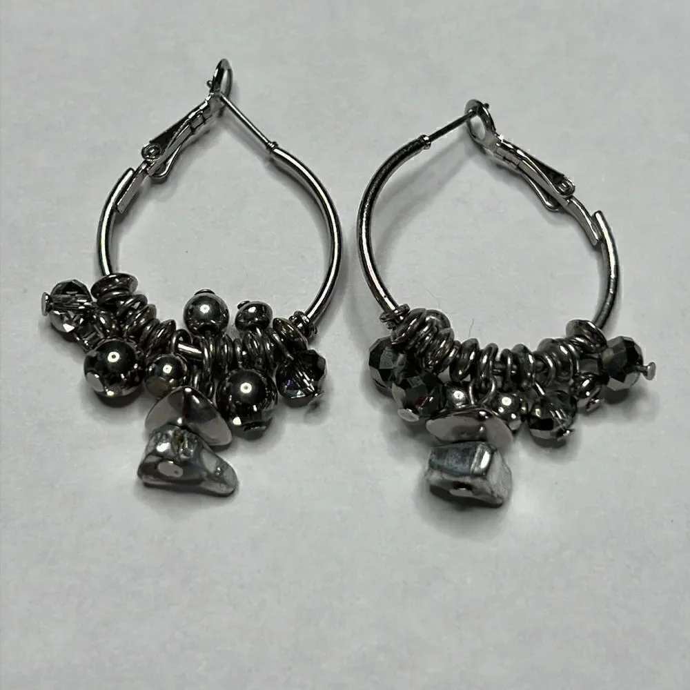 Silver Tone Hoops with Silver Stones & Beads